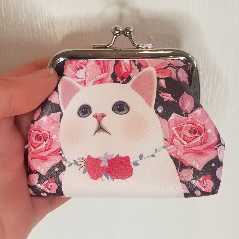 Coin Purse Kitten Cat Flowers Cute Silver Wallet